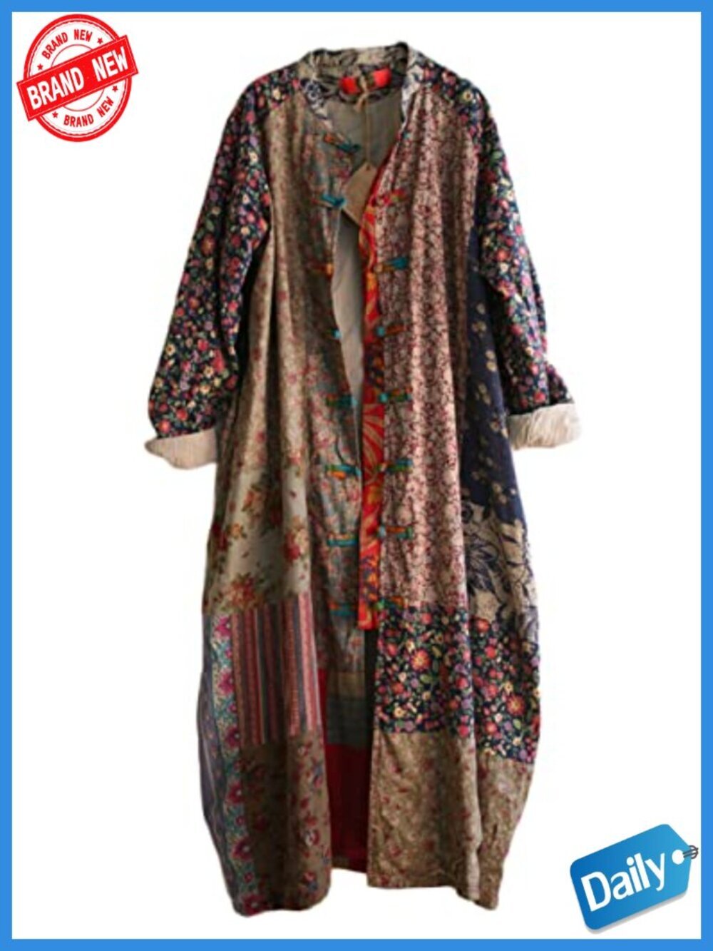 Women's Cotton Linen Trench Coat Floral Patchwork Jacket Cottagecore Long